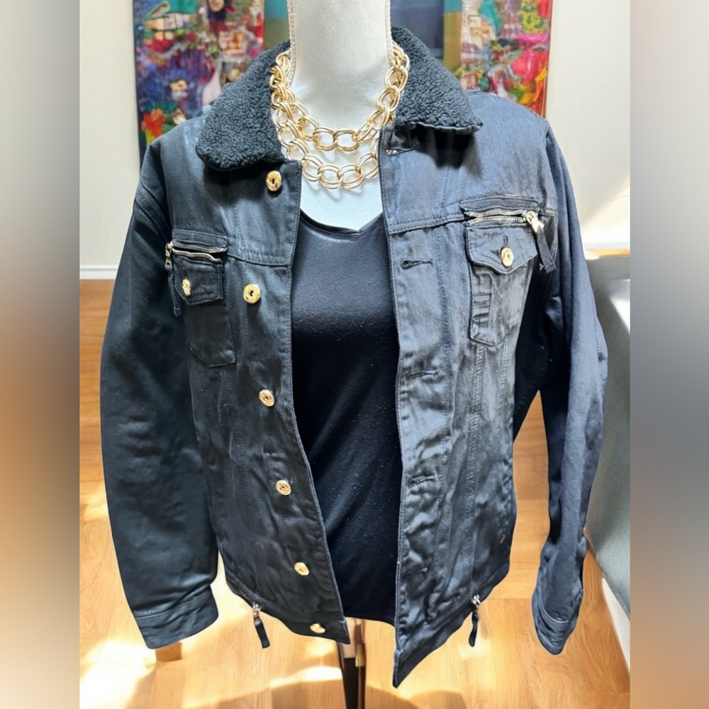 Born fly coated black denim/ jean jacket with gold hardware